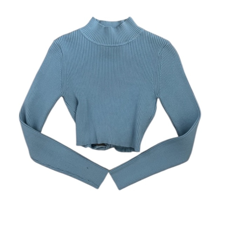 EUC Zara Blue Knit Backless Long Sleeve Crop Top Large